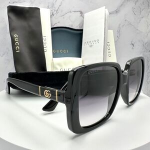 New Gucci Sunglasses Black Square Gold Interlocking GG Metal Logo Italy